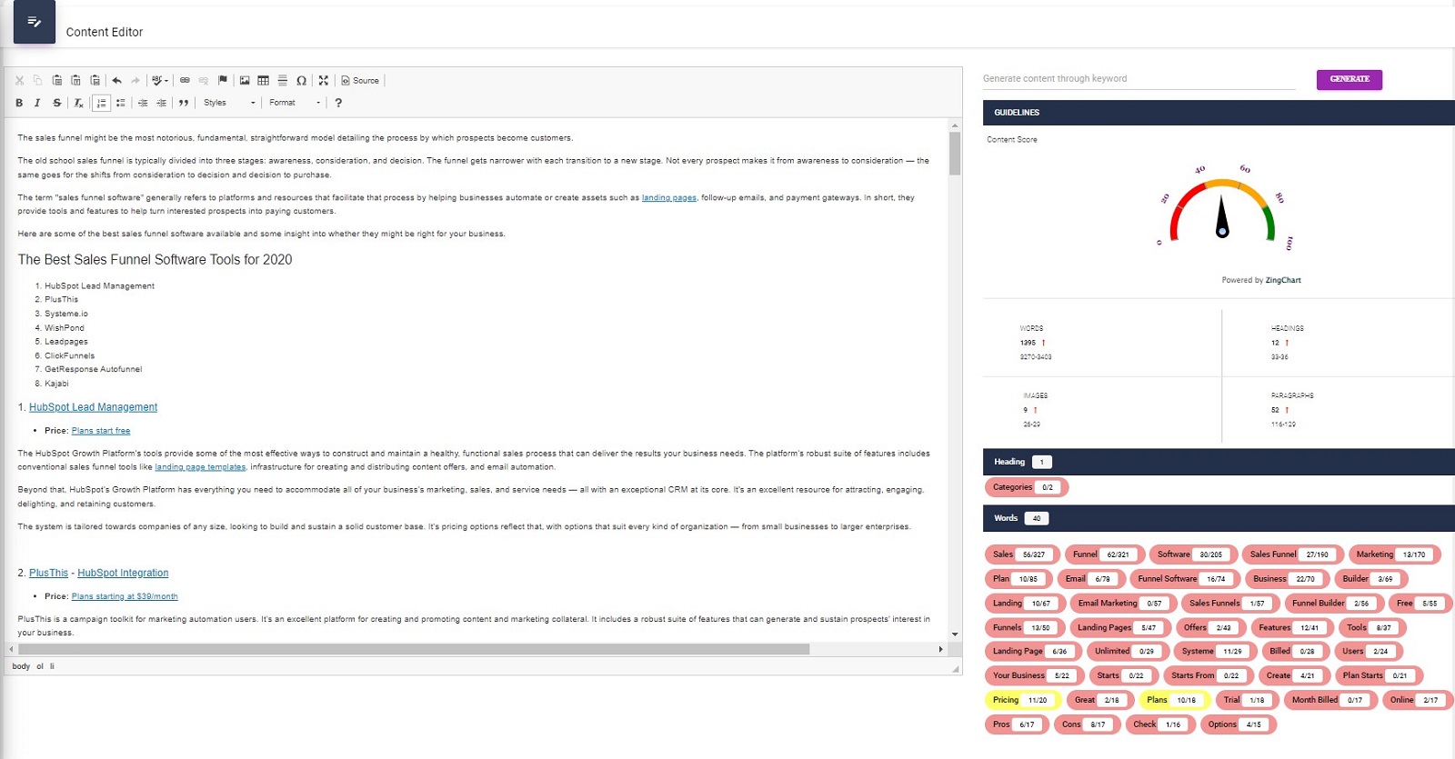 content editor editing window and score image