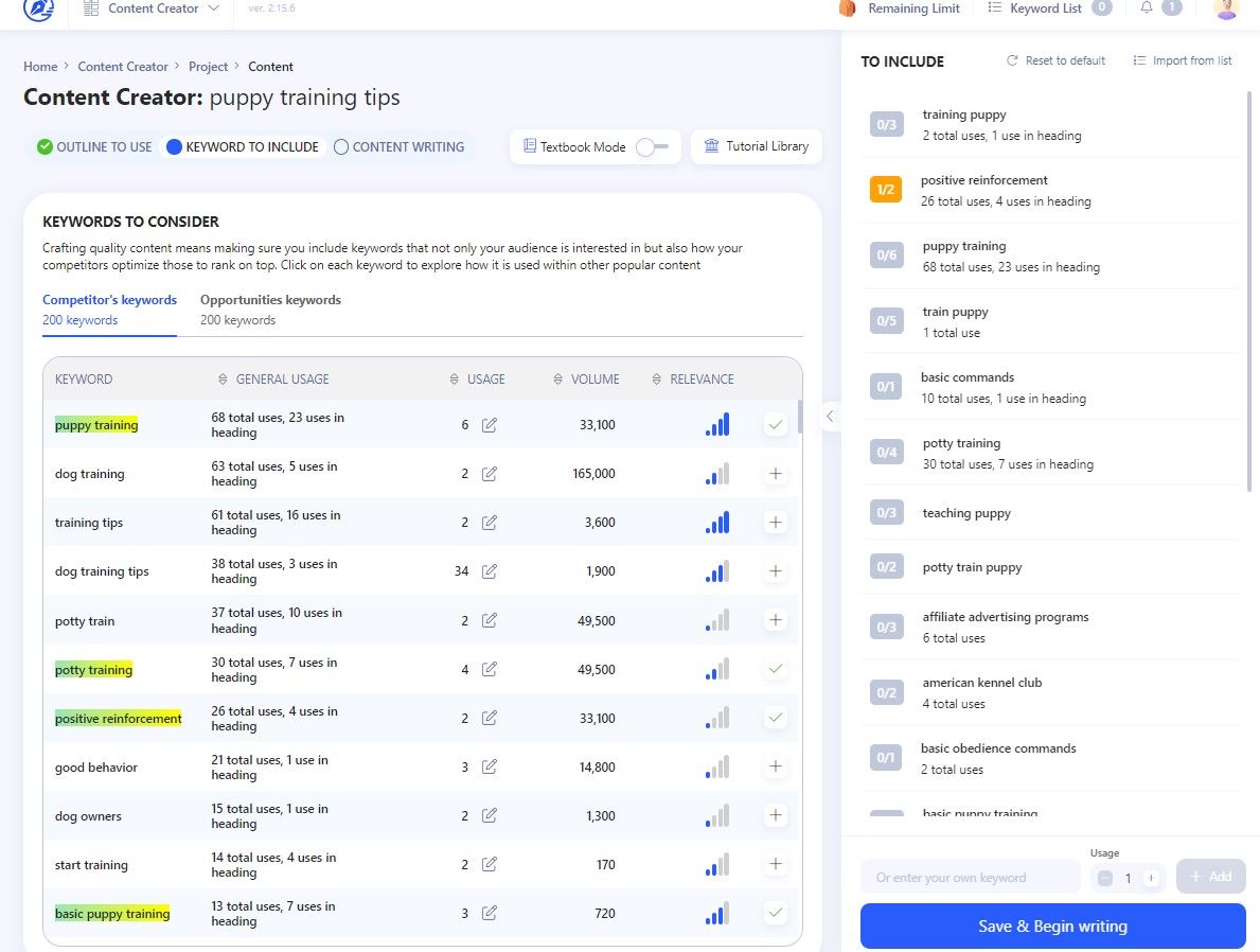 content suggestions in writerzen